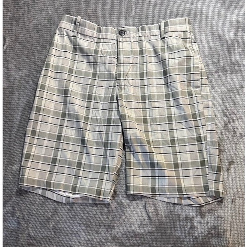 Nike Golf Shorts Mens M Flat Front Gray Athletic Earth‎ Tone Plaid Pattern 32X10
